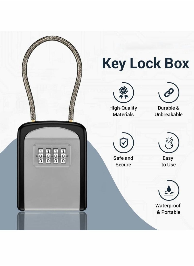 Key Lock Box Portable with Removable Cable Shackle, Indoor Outdoor Waterproof 4 Digit Password Combination with Resettable Code with A B Switch Key Lockbox for Outside Hold Spare Keys for Realtors