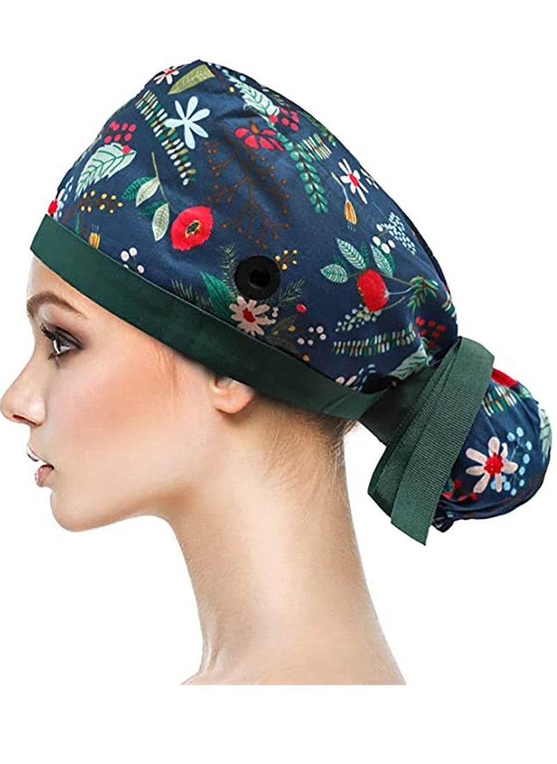 Home Working Cap with Buttons and Sweatband Adjustable Ribbon Tie Ponytail Hats for Women, Long Hair Head Covers Hair Caps