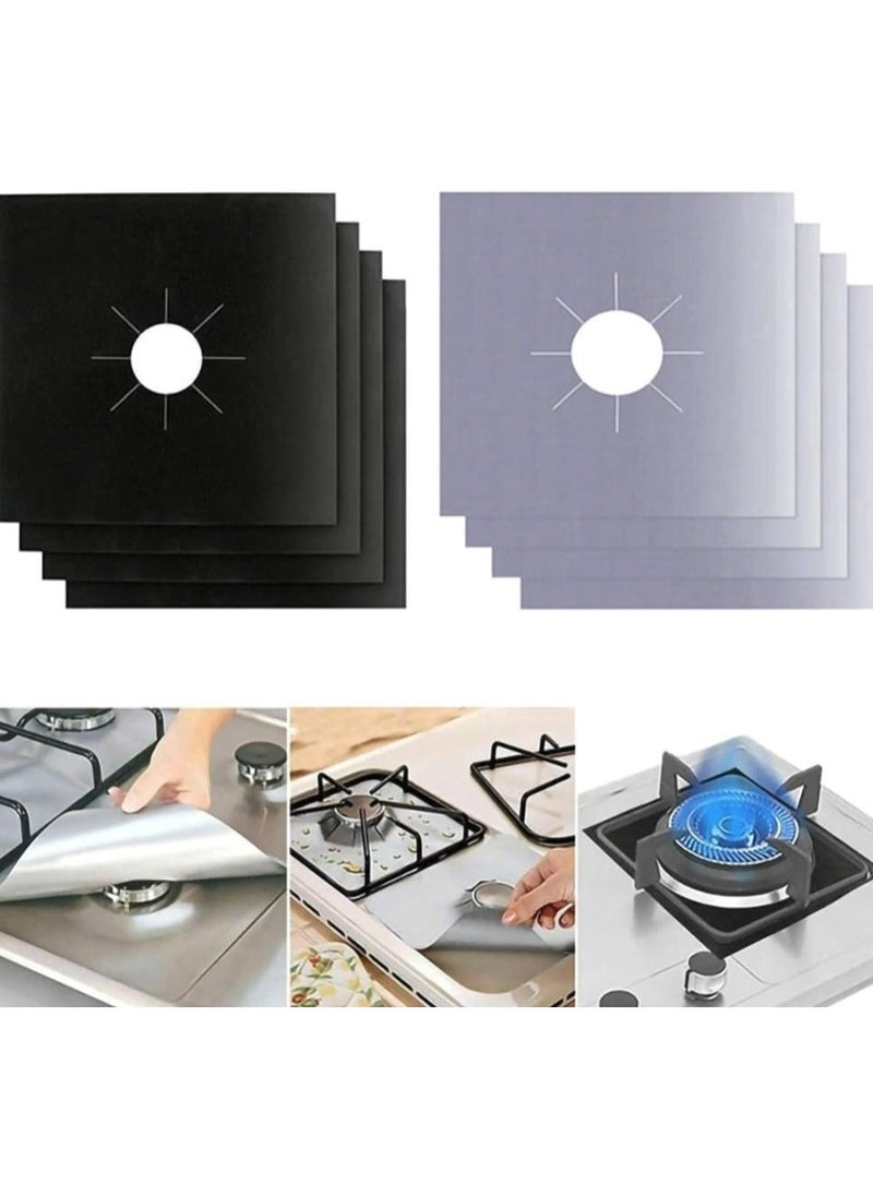 8pcs Gas Stove Burner Covers, Non-Stick Gas Range Protectors Reusable Aluminum Foil Dishwasher Safe. Black/Silver