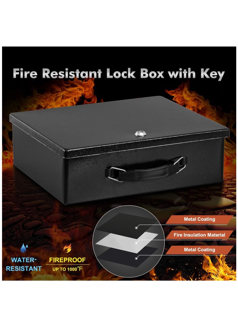 Fireproof Document Box with Key Lock, Safe Storage Box for Valuables, Fire Resistance Security Chest, Fireproof Box for Documents, Passport, Cash, Tablet, Exterior 12.8'' x 8.4'' x 4.5'' Black