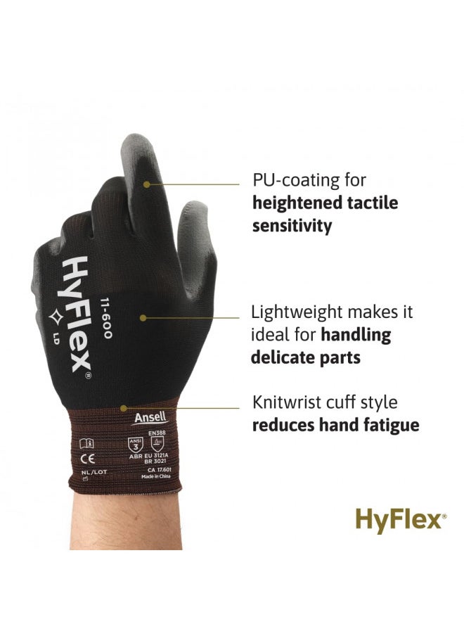 HyFlex 11-600 Multi-Purpose Light Duty Industrial Gloves w/ Palm Coating for Metal Fabrication, Machinery, Automotive - Size 7, Black (12 Pairs)