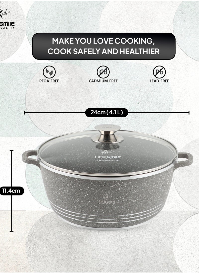24cm (4.1 Liter) LIFE SMILE Cooking Pot | aluminum Soup Pot With Glass Lid | 100% PFOA Free, Fixed Handle | Multi Layer Non-Stick Granite Coating | oven safe