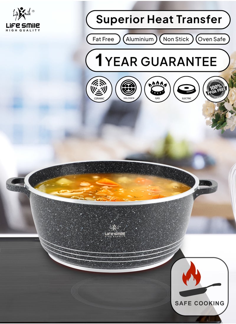 32cm (9.5 Liter) LIFE SMILE Cooking Pot | aluminum Soup Pot With Glass Lid | 100% PFOA Free, Fixed Handle | Multi Layer Non-Stick Granite Coating | oven safe