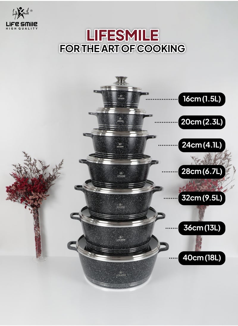 32cm (9.5 Liter) LIFE SMILE Cooking Pot | aluminum Soup Pot With Glass Lid | 100% PFOA Free, Fixed Handle | Multi Layer Non-Stick Granite Coating | oven safe