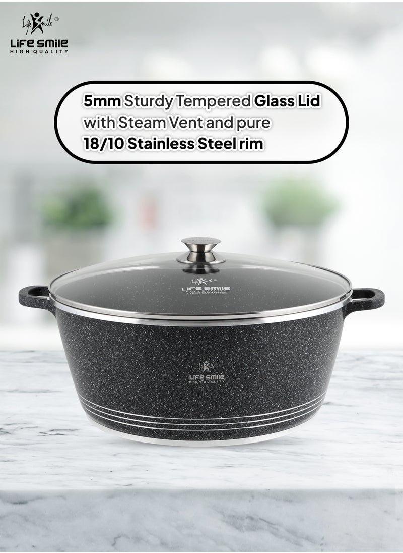 32cm (9.5 Liter) LIFE SMILE Cooking Pot | aluminum Soup Pot With Glass Lid | 100% PFOA Free, Fixed Handle | Multi Layer Non-Stick Granite Coating | oven safe