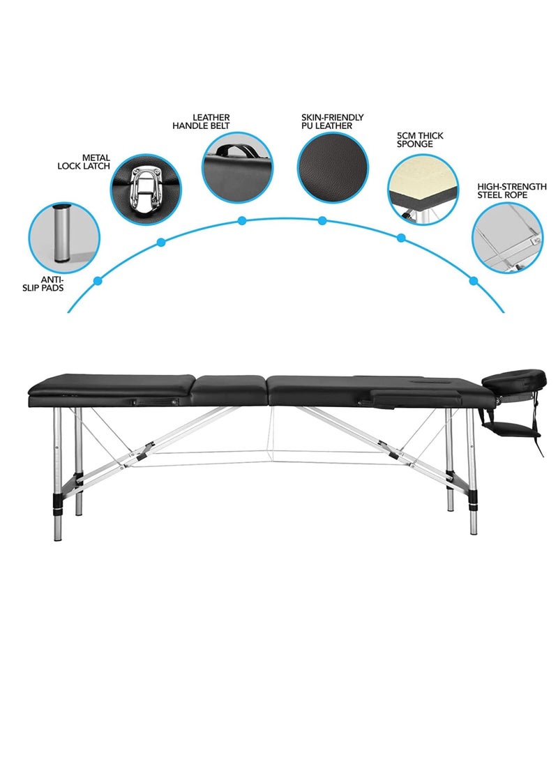 Foldable Massage Table Portable Massage Bed Salon Lightweight Bed with Reinforcement Frame Pillow PU 2 Fold Thick mattress Carrying Handle Bag For SPA Beauty Facial CareSpa Tattoo-Dark