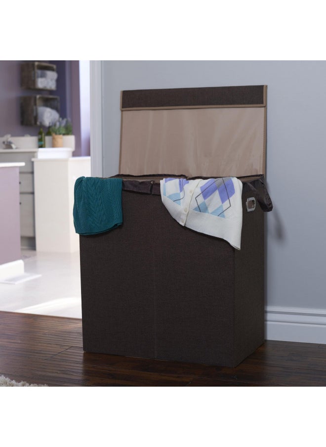 Household Essentials 5614 Double Hamper Laundry Sorter with Magnetic Lid, Brown Coffee Linen