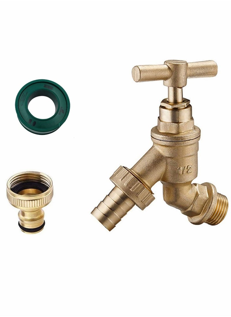 Outside BSP Garden Hose Brass Bib Tap with Extra Threaded Faucet Hose Adapter for Garden Watering Irrigation