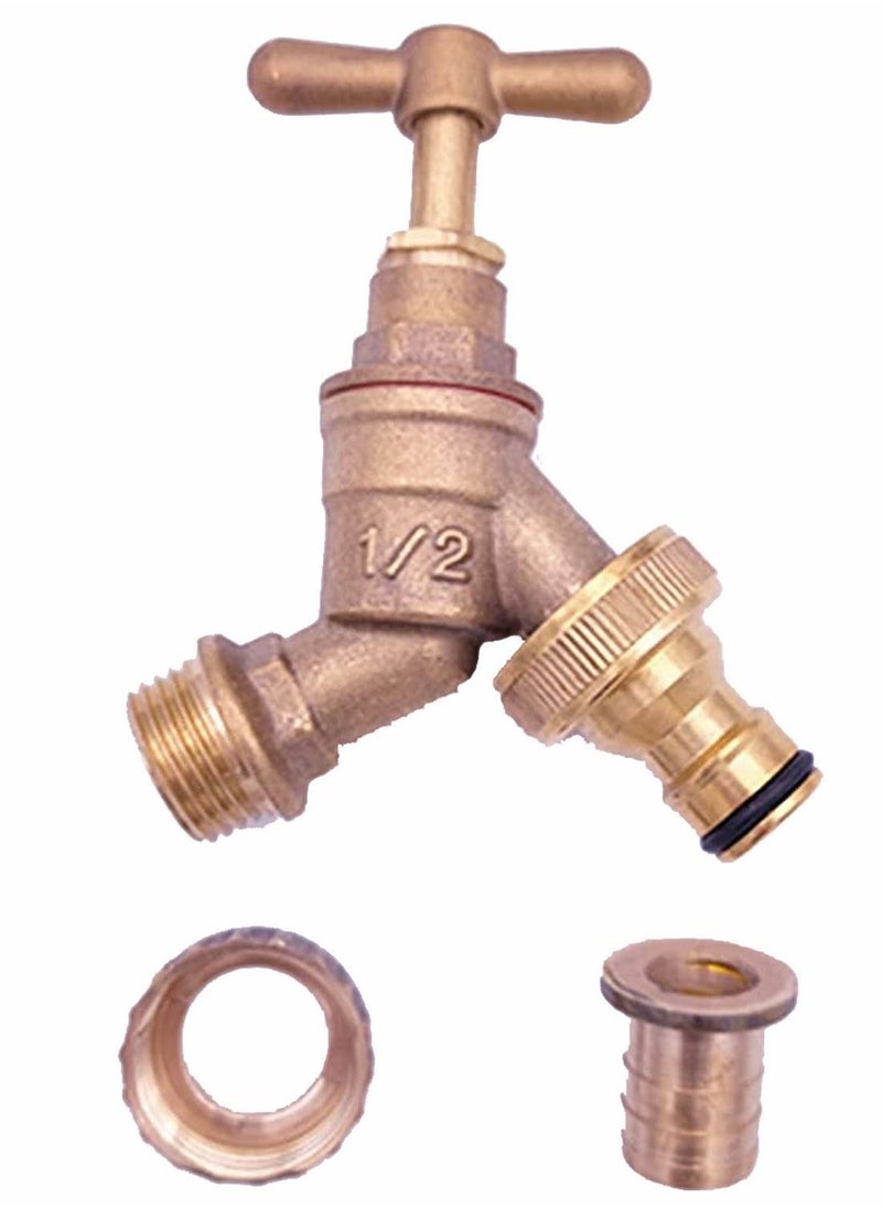 Outside BSP Garden Hose Brass Bib Tap with Extra Threaded Faucet Hose Adapter for Garden Watering Irrigation