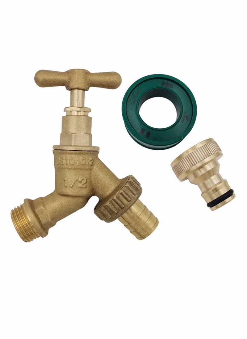 Outside BSP Garden Hose Brass Bib Tap with Extra Threaded Faucet Hose Adapter for Garden Watering Irrigation