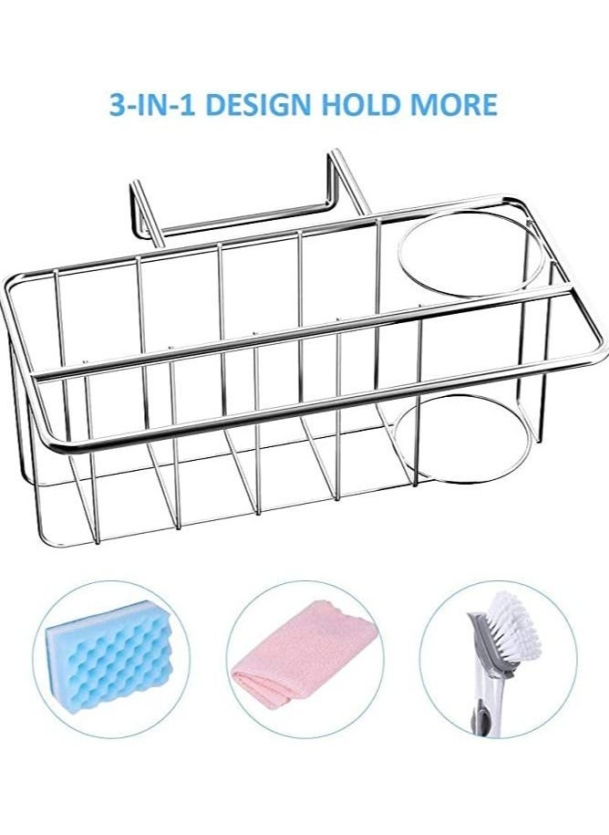 Sponge Holder for Kitchen Sink, 3-in-1 Kitchen Sink Caddy with Adhesive Pad, Stainless Steel Sink Sponge Holder, Kitchen Sink Organizer for Sponge, Dish Brush and Dish Towel, No Drilling (Adhesive)