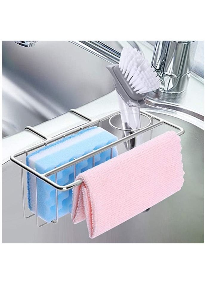 Sponge Holder for Kitchen Sink, 3-in-1 Kitchen Sink Caddy with Adhesive Pad, Stainless Steel Sink Sponge Holder, Kitchen Sink Organizer for Sponge, Dish Brush and Dish Towel, No Drilling (Adhesive)