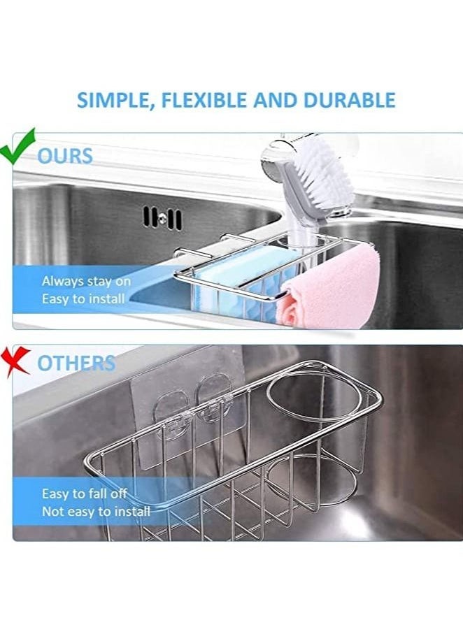 Sponge Holder for Kitchen Sink, 3-in-1 Kitchen Sink Caddy with Adhesive Pad, Stainless Steel Sink Sponge Holder, Kitchen Sink Organizer for Sponge, Dish Brush and Dish Towel, No Drilling (Adhesive)