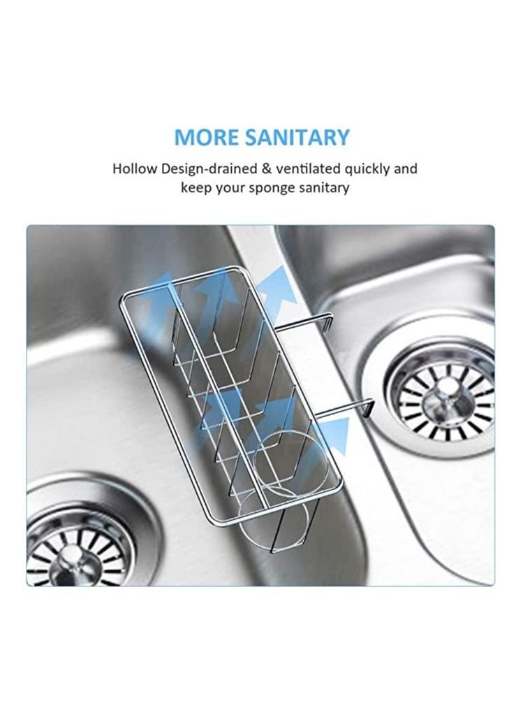 Sponge Holder for Kitchen Sink, 3-in-1 Kitchen Sink Caddy with Adhesive Pad, Stainless Steel Sink Sponge Holder, Kitchen Sink Organizer for Sponge, Dish Brush and Dish Towel, No Drilling (Adhesive)