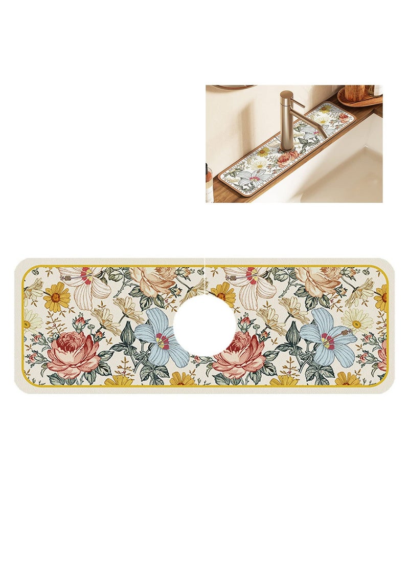 Sink Splash Guard Mat Floral Pattern Faucet Mat Sink Faucet Absorbent Mat Soft Texture Strong Anti-slip Quick Water Absorption Moderate Thickness Smooth Edges En-Friendly Odorlessfor Bathroom