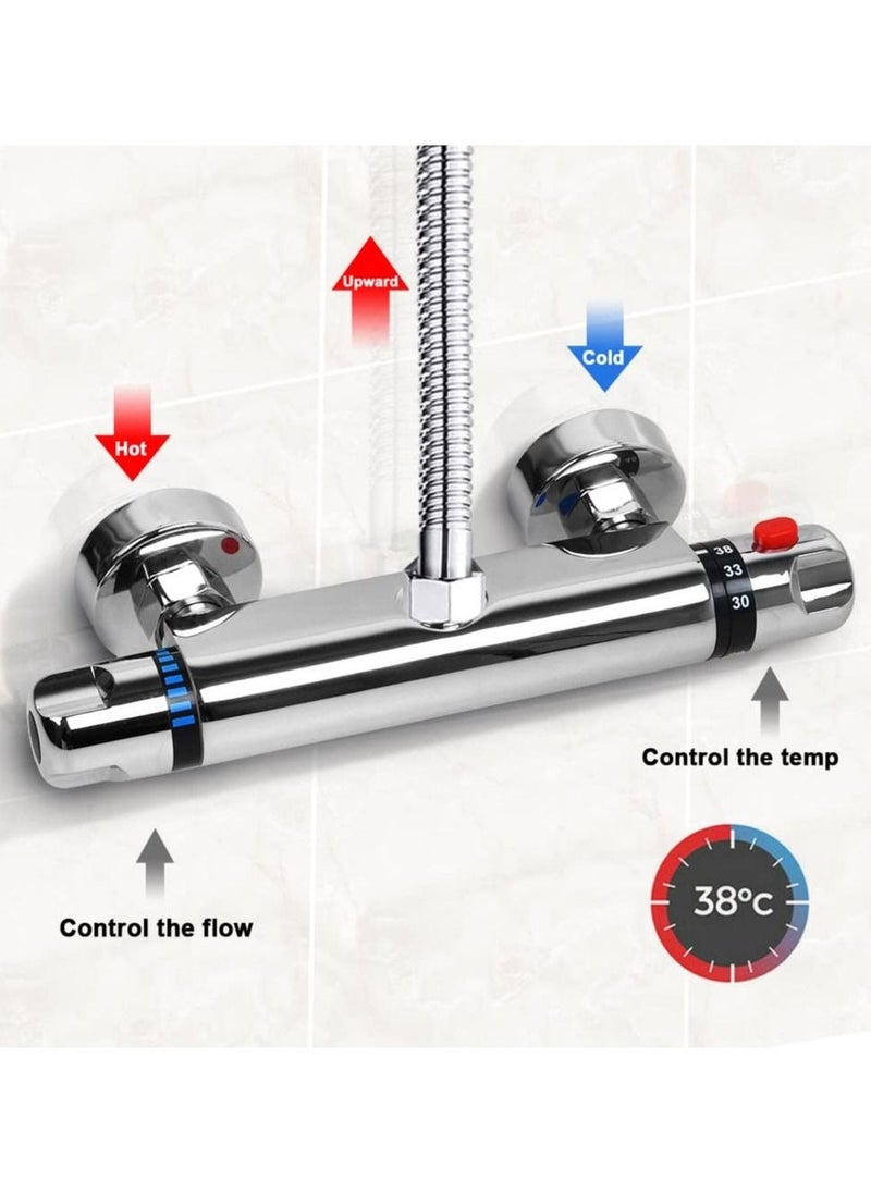 Chrome Thermostatic Shower Mixer, Solid Brass Bathroom Thermostat Bar Valve Anti Scald Tap, Top Outlet Design, Constant Temperature Control, Hot & Cold Water Mixer(Top 1/2