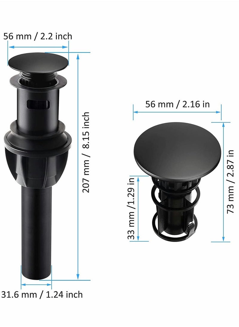 Sink Drains, Push and Seal Pop Up Drain Stopper with Overflow for Bathroom Sink Faucet Vessel Vanity, Matte Black 2 Pack