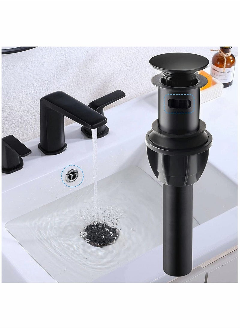 Sink Drains, Push and Seal Pop Up Drain Stopper with Overflow for Bathroom Sink Faucet Vessel Vanity, Matte Black 2 Pack