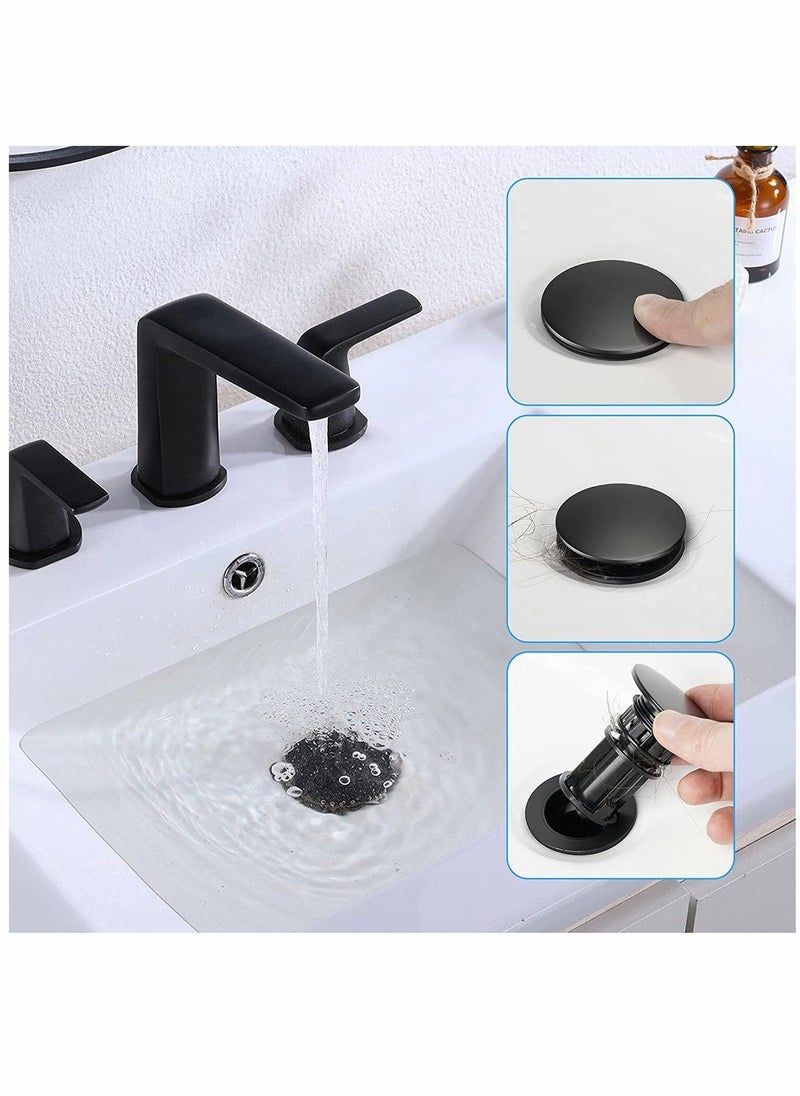 Sink Drains, Push and Seal Pop Up Drain Stopper with Overflow for Bathroom Sink Faucet Vessel Vanity, Matte Black 2 Pack