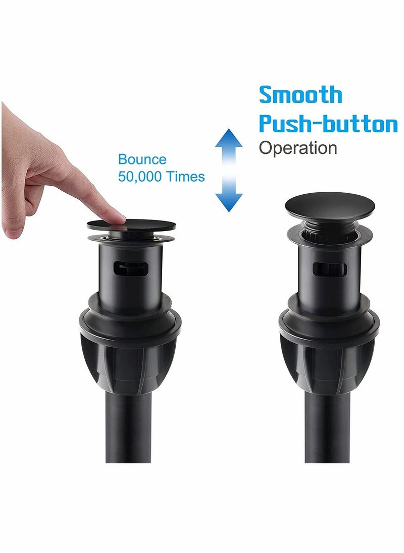 Sink Drains, Push and Seal Pop Up Drain Stopper with Overflow for Bathroom Sink Faucet Vessel Vanity, Matte Black 2 Pack