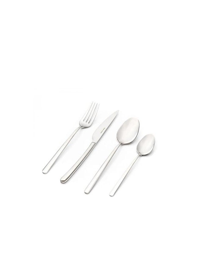 Polished Stainless Steel Silverware Set – Modern Fork, Knife, and Spoon Set with Grooved Handles, High-Shine Finish on Dark Contrast Background