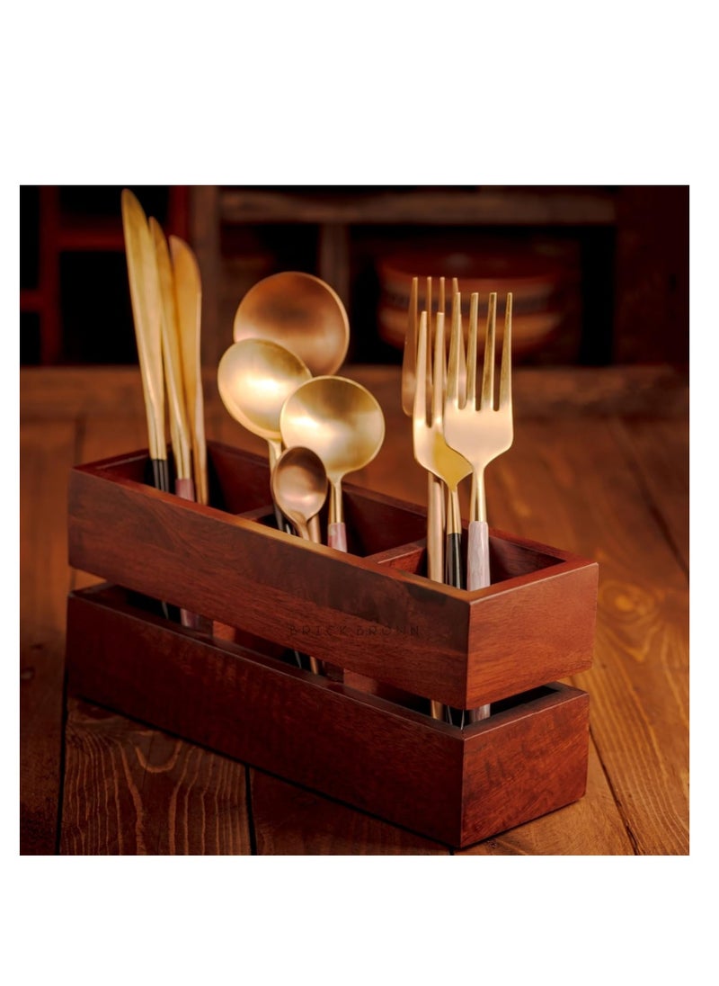 Premium 3-Partition Wooden Cutlery Holder/Caddy/Organizer Stand For Compact Spaces In Mahogany (9.1X3X3.9Inch), Inside, brown