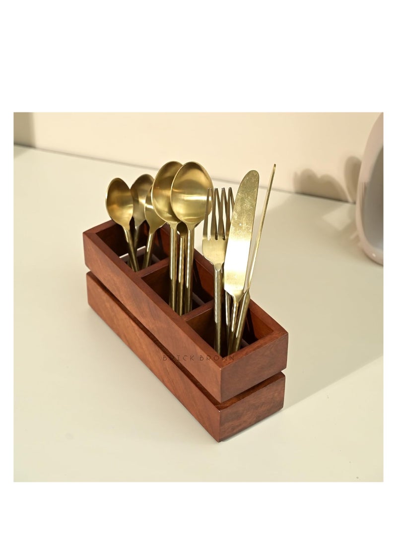 Premium 3-Partition Wooden Cutlery Holder/Caddy/Organizer Stand For Compact Spaces In Mahogany (9.1X3X3.9Inch), Inside, brown