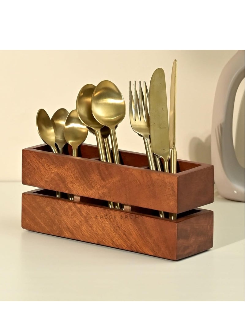 Premium 3-Partition Wooden Cutlery Holder/Caddy/Organizer Stand For Compact Spaces In Mahogany (9.1X3X3.9Inch), Inside, brown