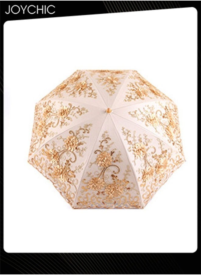 Women Anti-UV Sun And Rain Portable 3 Folding Travel Umbrella with Double Lace Embroidery Gold