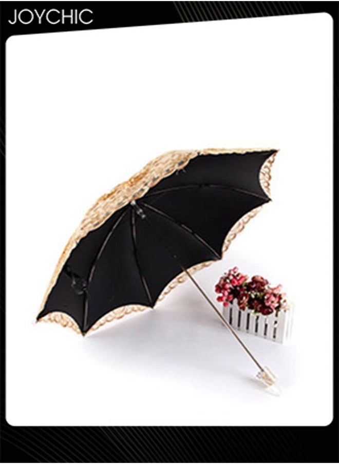 Women Anti-UV Sun And Rain Portable 3 Folding Travel Umbrella with Double Lace Embroidery Gold
