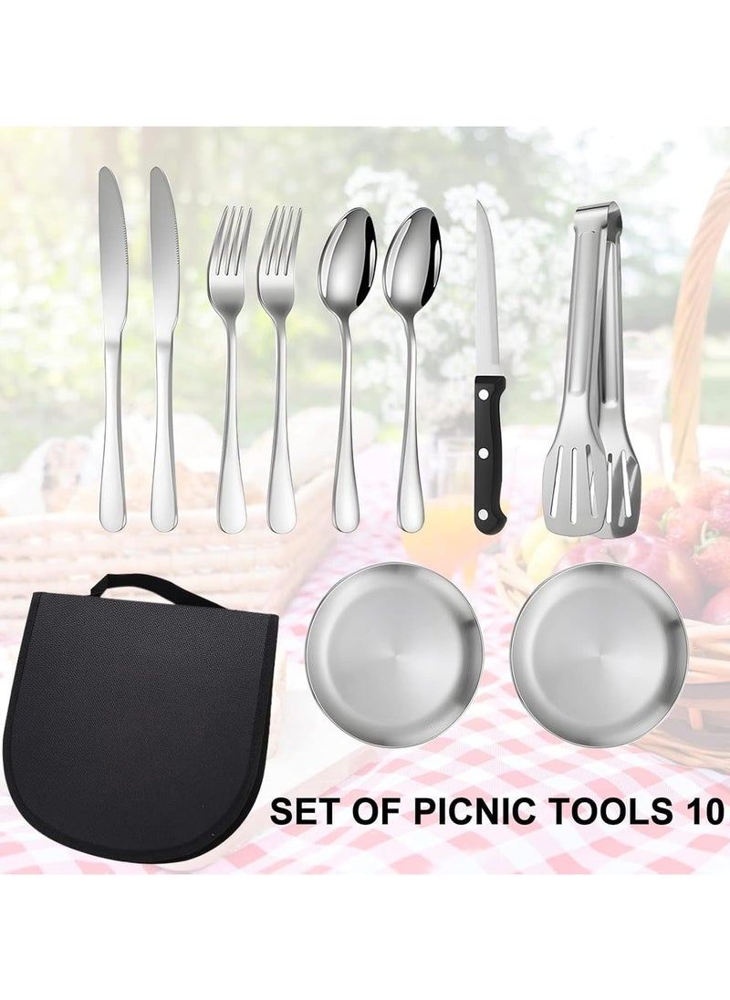 Camping Silverware Set with Case, 10piece Mess Kit with Stainless Steel Plates Spoons Knives Forks, Portable Cutlery Set, Picnic Eating Utensils Set, 2 Person Dinnerware Set