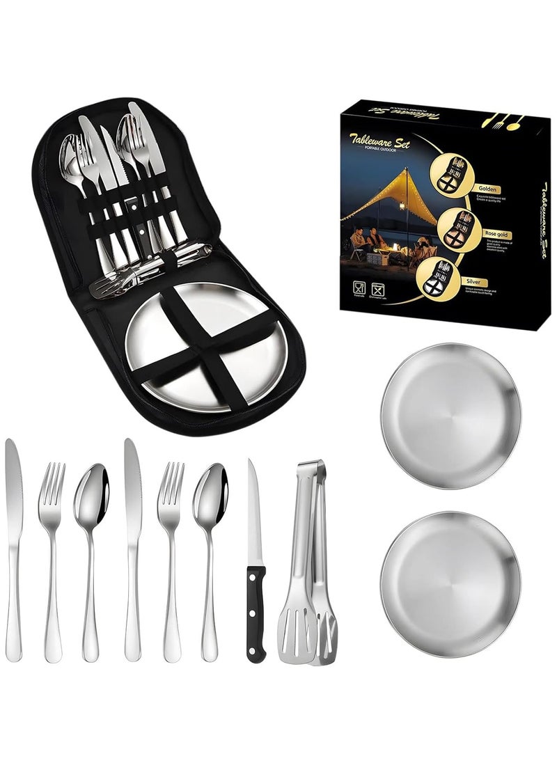 Camping Silverware Set with Case, 10piece Mess Kit with Stainless Steel Plates Spoons Knives Forks, Portable Cutlery Set, Picnic Eating Utensils Set, 2 Person Dinnerware Set