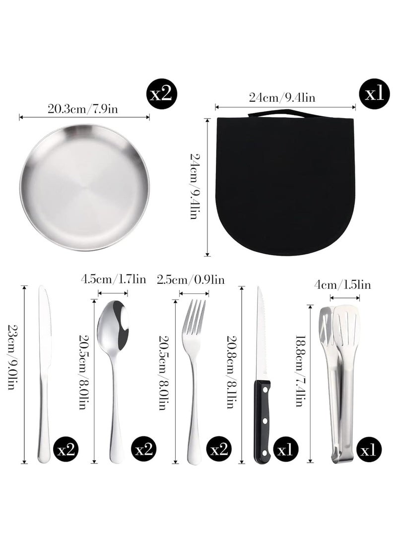 Camping Silverware Set with Case, 10piece Mess Kit with Stainless Steel Plates Spoons Knives Forks, Portable Cutlery Set, Picnic Eating Utensils Set, 2 Person Dinnerware Set