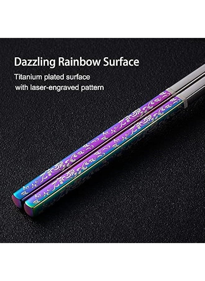 Metal Chopsticks Reusable Dazzling Rainbow Stainless Steel Chopsticks Titanium Plated Chopsticks Dishwasher Safe Fancy Chopsticks Laser Engraved Korean Japanese Chop Sticks Multicolor 2 Pairs Gift Set