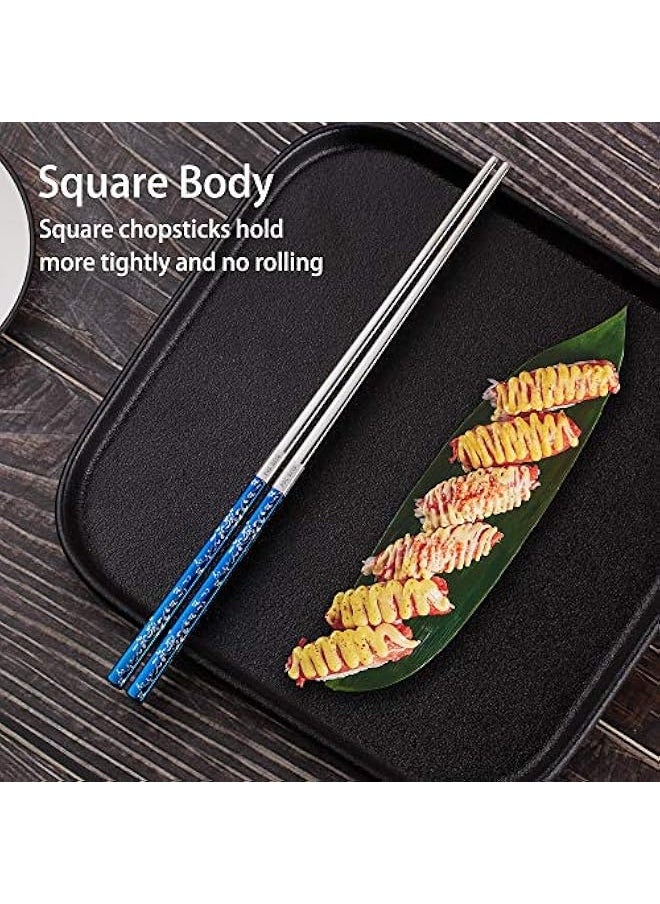 Titanium Plated Chopstick Stainless Steel Chopsticks Metal Chopsticks Reusable Dishwasher safe Premium Laser Engraved Chop Sticks for Eating 2 Pairs Gift Set Blue Silver