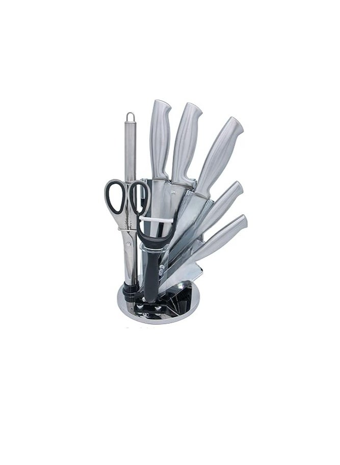 Stainless Steel Knife Block Set with Black and Silver Handles – Round Tapered Design, Fan-Like Arrangement, Includes Kitchen Shears