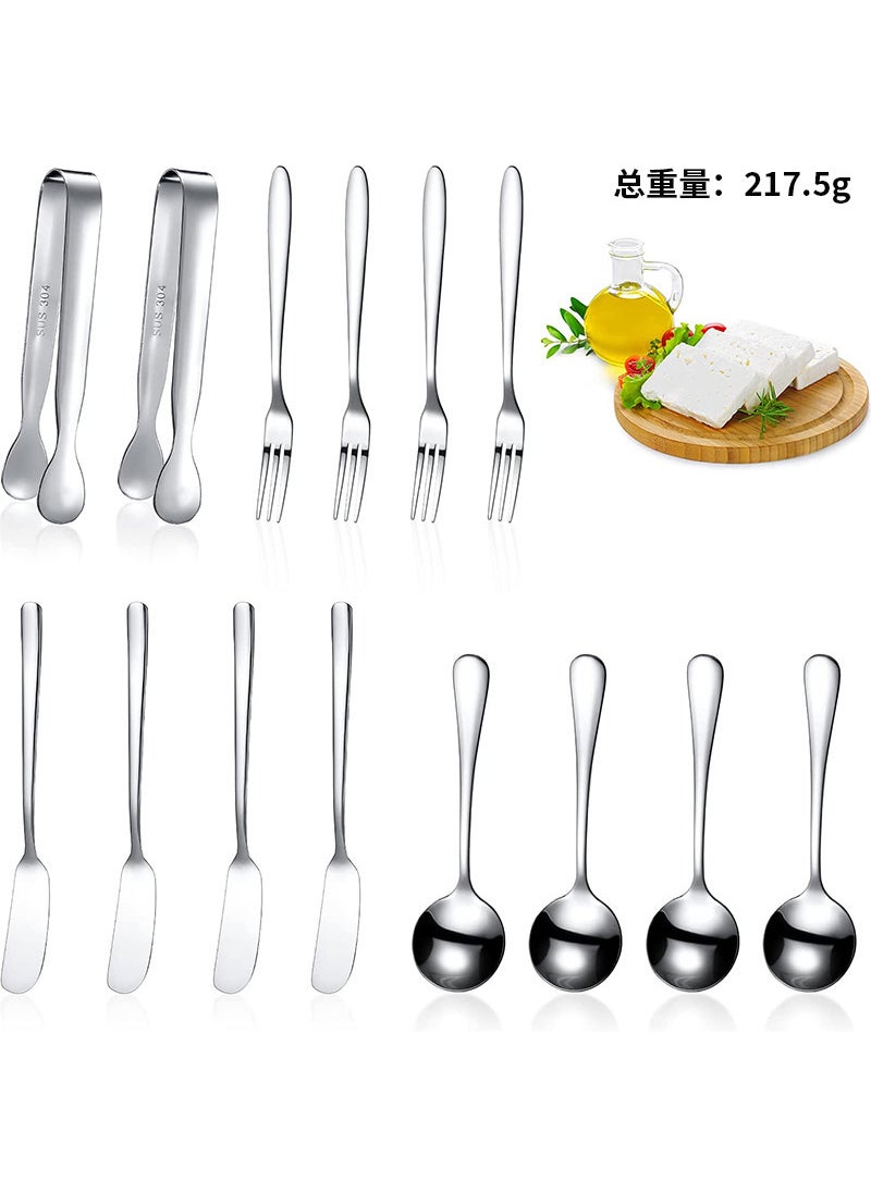 In stock stainless steel cheese knife butter spreading knife  butter knife coffee spoon cube sugar clip dessert fork suit14-piece set (natural color) 14-piece set (natural color)