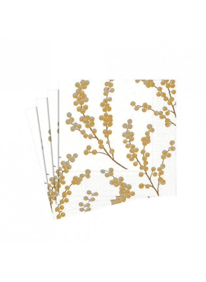 Entertaining with Caspari Berry Branches Paper Cocktail Napkin, White and Gold, Pack of 20