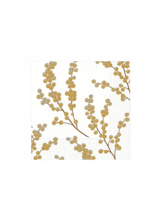 Entertaining with Caspari Berry Branches Paper Cocktail Napkin, White and Gold, Pack of 20