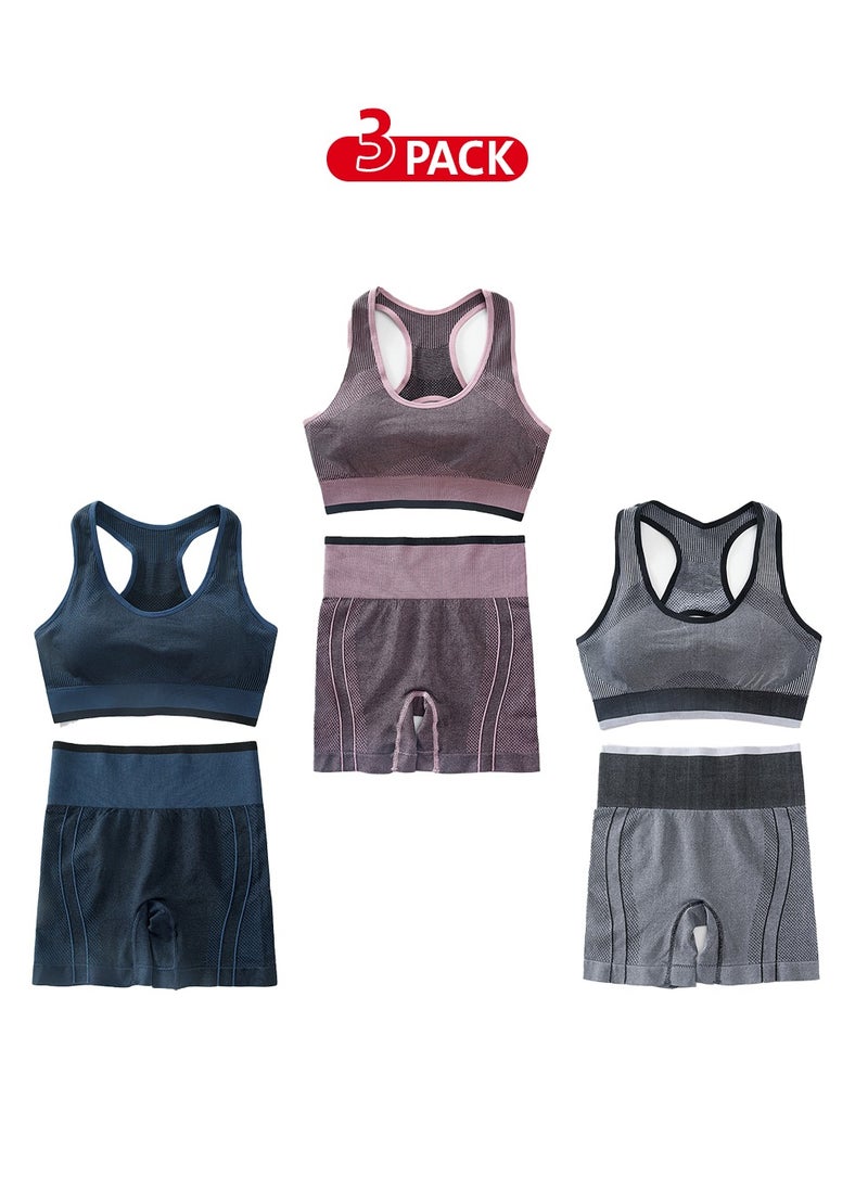 3-Pack Sportswear Set with Sports Bra and Wide Briefs in Dark Pink, Navy Blue, and Gray