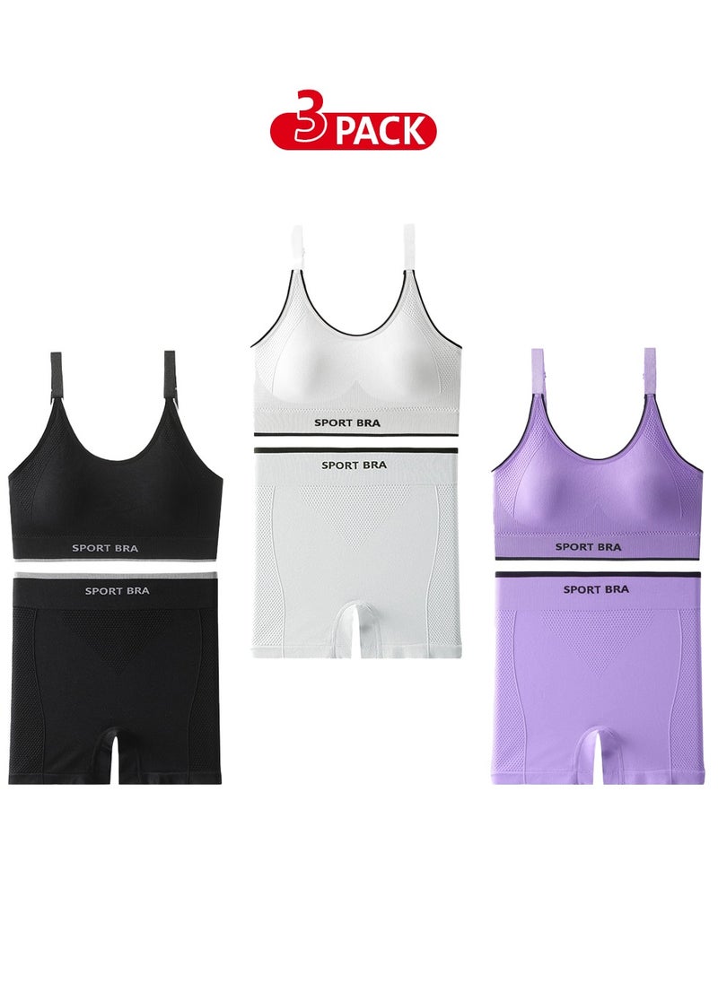 3-Pack Sportswear Set with Sports Bra and Wide Briefs in White, Black, and Purple