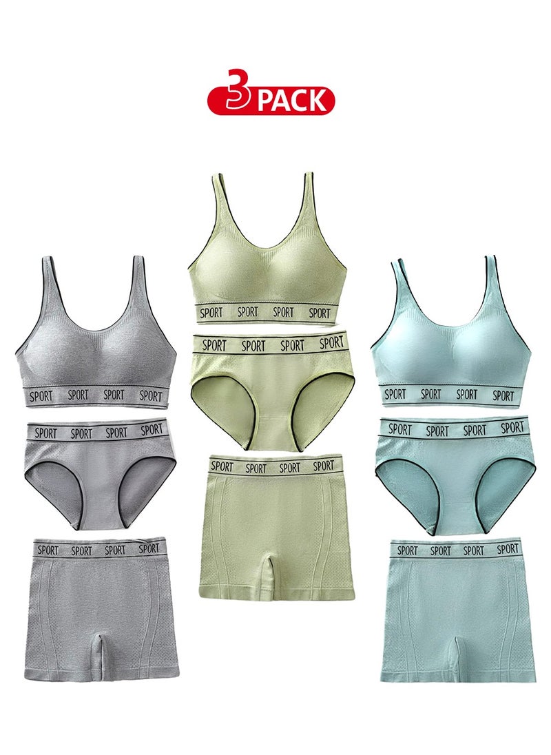 3-Pack Sportswear Set with Sports Bra, Brief, and Wide Boxer in Light Blue, Olive Green, and Gray