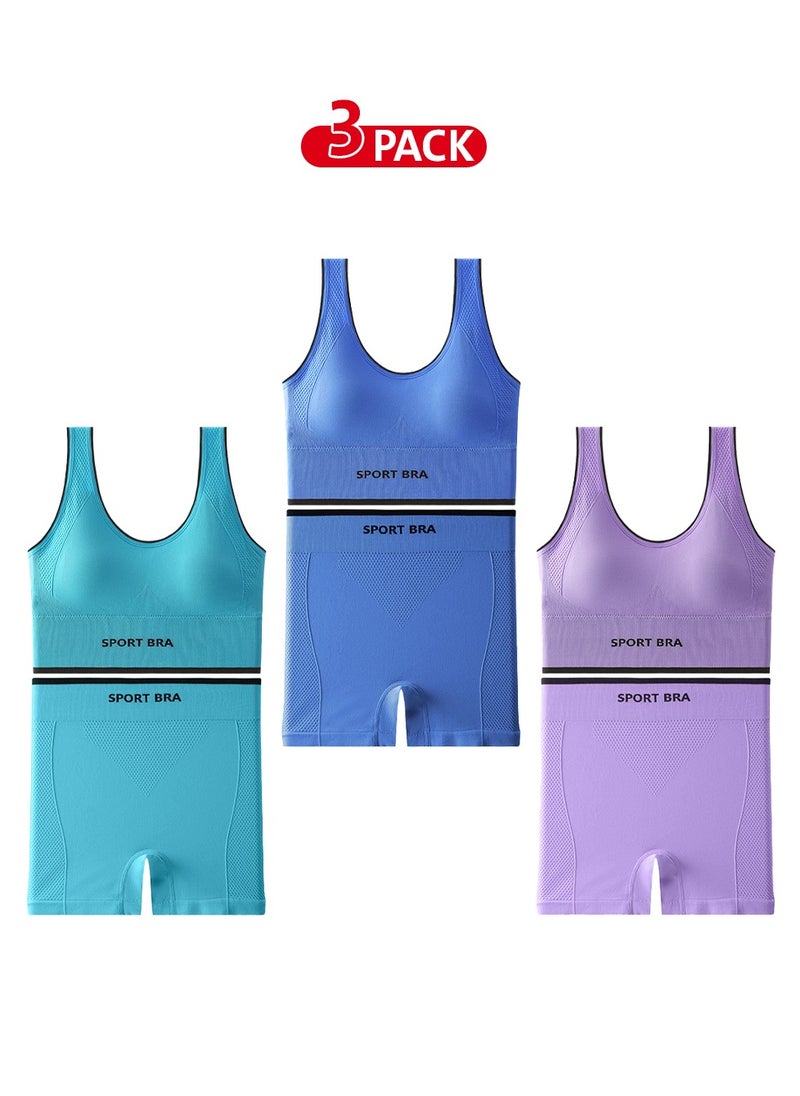 3-Pack Sportswear Set with Sports Bra and Wide Briefs in Dark Blue, Light Blue, and Purple