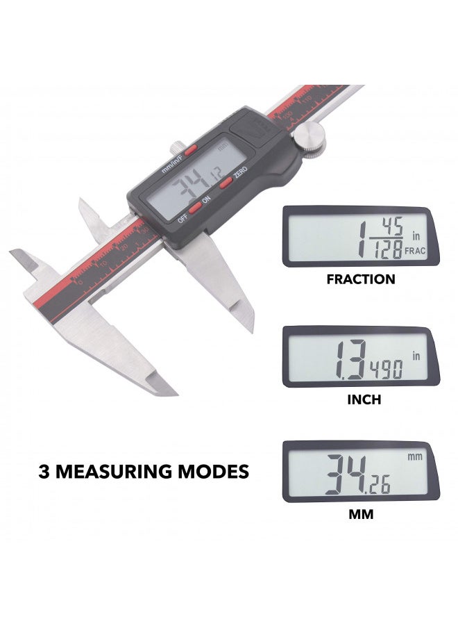 VINCA DCLA-0805 0-8 Inch/200mm Electronic Digital Vernier Caliper Inch/Millimeter/Fractions Stainless Steel Large LCD Screen Measuring Tool