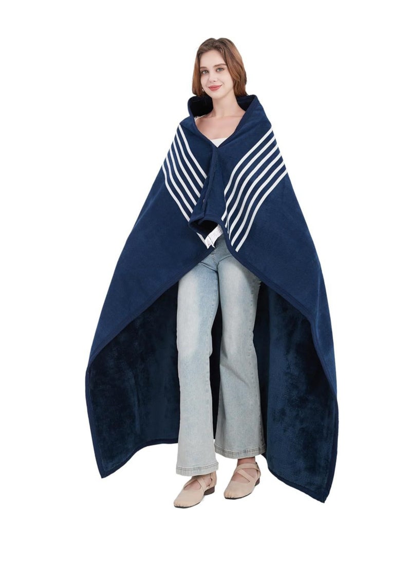 Fleece Wearable Blanket Plus Size, Comfy Lightweight Lap Blanket Poncho Throw with Buttons, 63“x 55”(Blue)