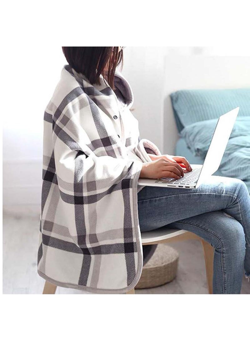 Wearable Blanket, Plaid Lap Blanket Comfy Poncho Throw With Buttons For Bed Sofa Office (Gray and Off White)