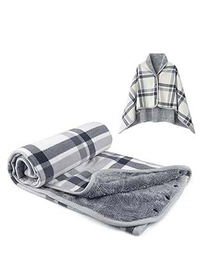 Wearable Blanket, Plaid Lap Blanket Comfy Poncho Throw With Buttons For Bed Sofa Office (Gray and Off White)