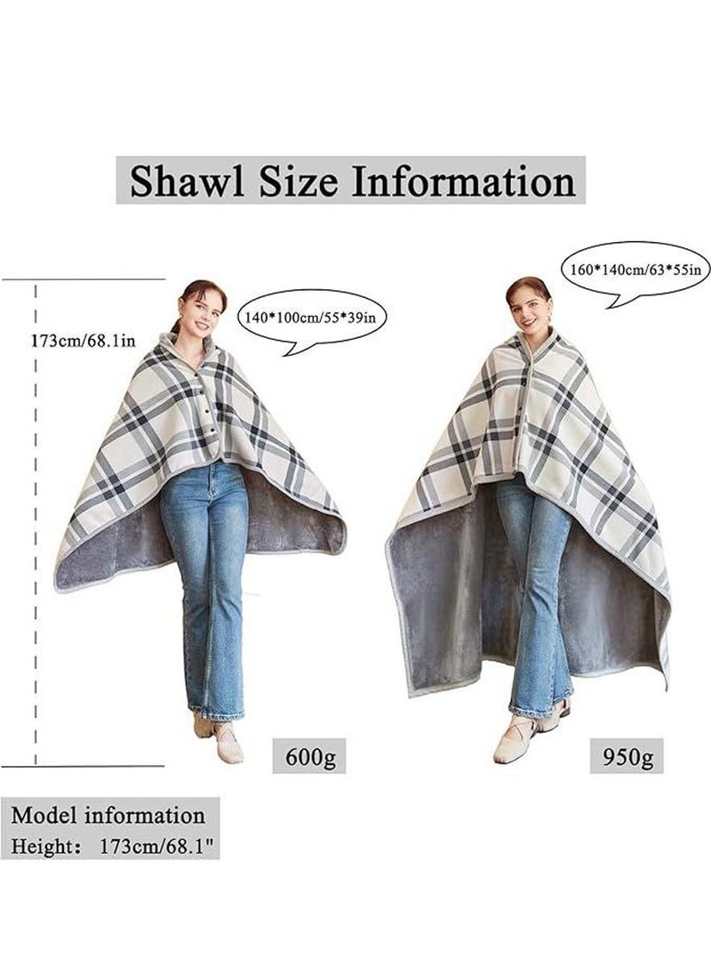 Wearable Blanket, Plaid Lap Blanket Comfy Poncho Throw With Buttons For Bed Sofa Office (Gray and Off White)