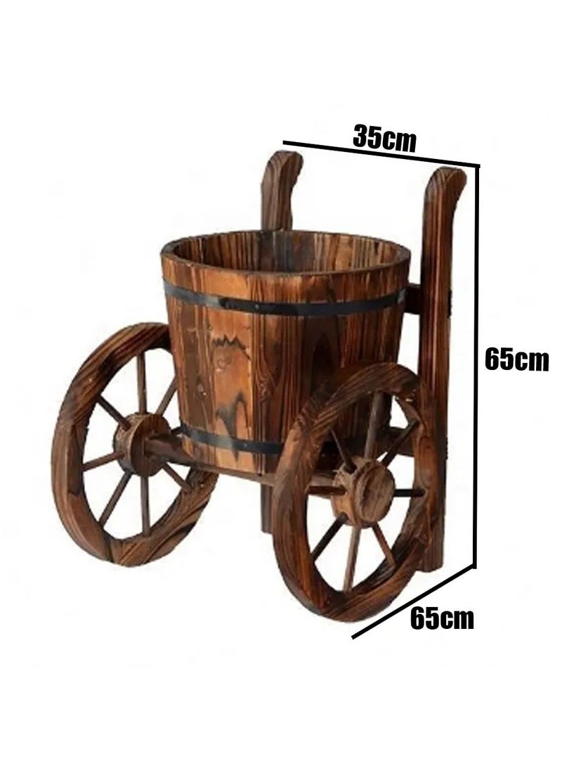 𝐅𝐅𝐃 Rustic Wooden Flower Pot with Movable Tires (35x65x65cm)– Large & Deep Planting Space for Indoor & Outdoor Garden Decor, Vintage Trolley-Style Planter