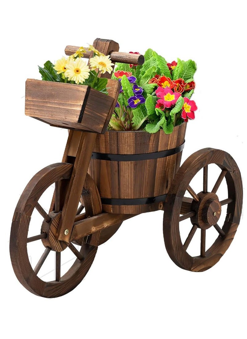 𝐅𝐅𝐃 Cycle Shaped Wooden Flowers Pot 66x32x58cm Wood Cart Garden Planter Pot With 3 Wheels Barrow Wagon Flower Barrel Outdoor Decoration for Patio Lawn Backyard Wooden Flower Vase Flowers Planter